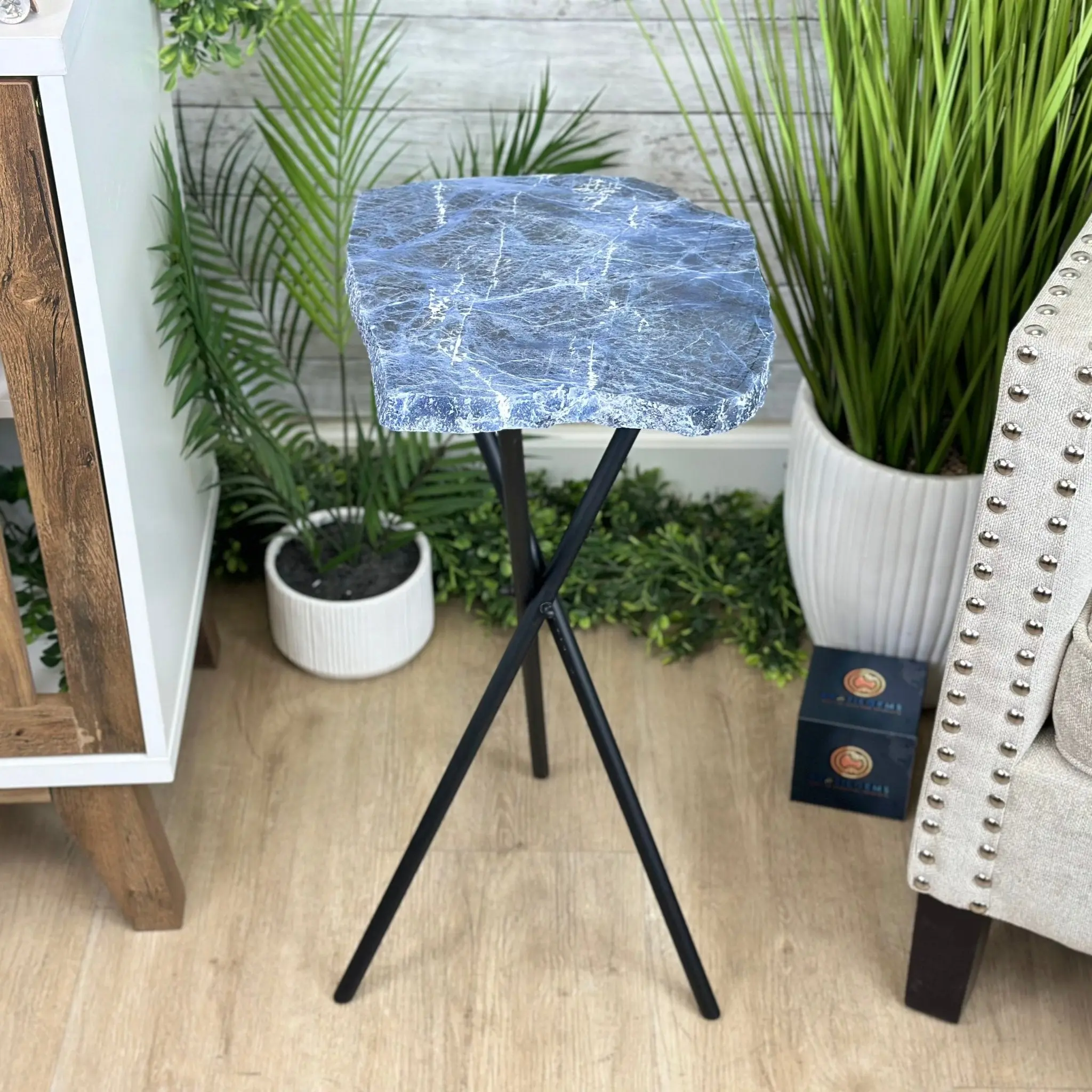 Natural Sodalite Side Table on Black Metal Base, 24.7" Tall #1342SO-002