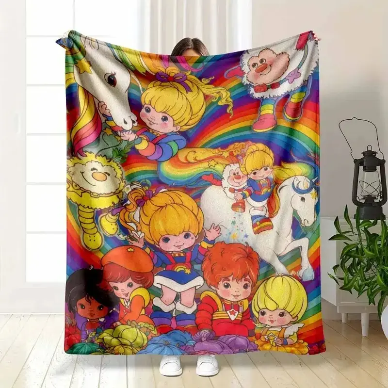 80s Retro Fantasy Cartoon Flannel Throw Blanket, Rainbow Magical Horse Plush Flannel Blanket, Soft Cozy Throw for Kids Bedroom Sofa Couch, Vintage Decor Gift