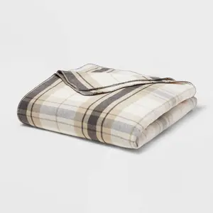 Full/Queen Brushed Cotton Blanket Neutral Plaid - Threshold Full/Queen Brushed Cotton Blanket Neutral Plaid - Threshold