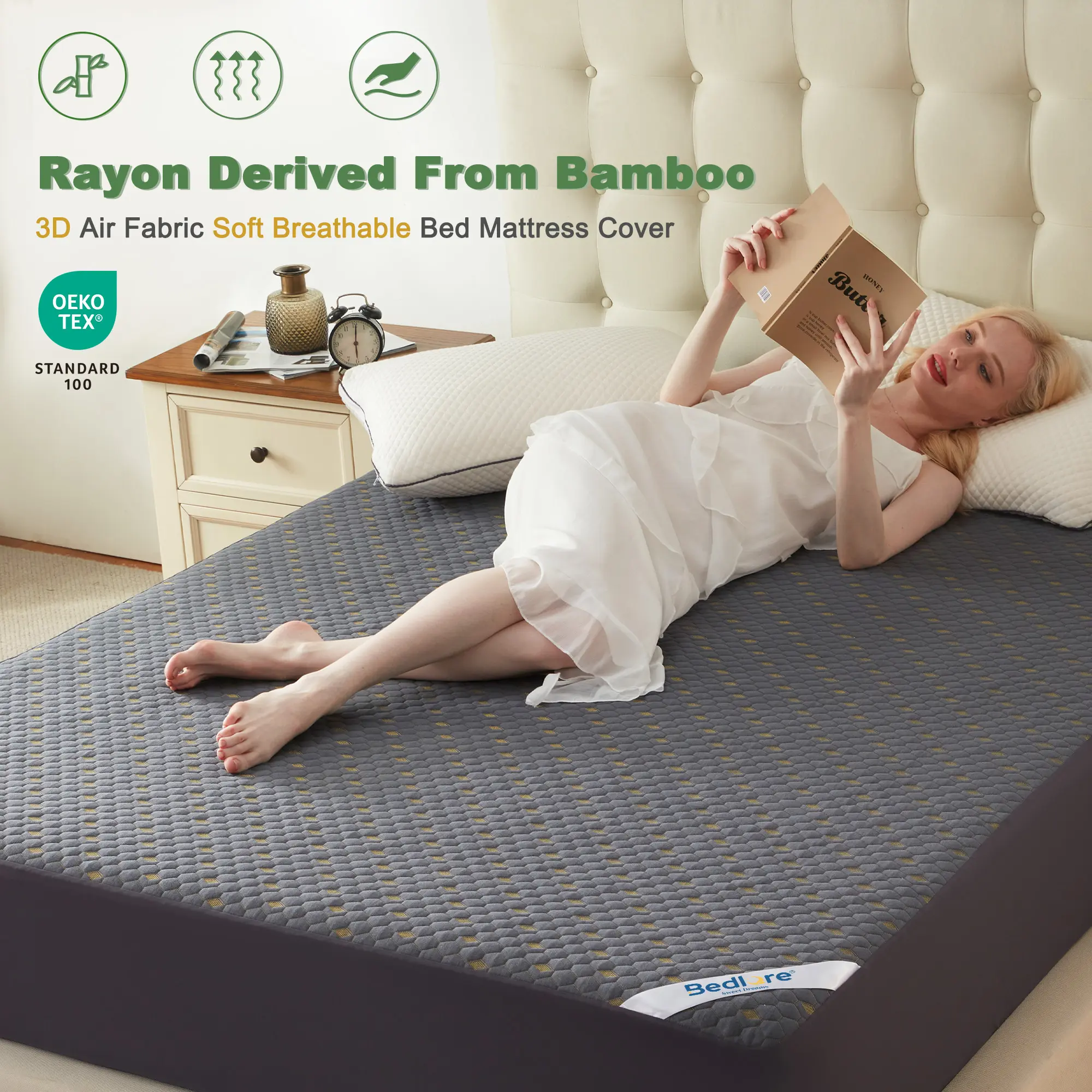 【SummerWins】BEDLORE Honeycomb Breathable Design Waterproof Mattress Protector: Ultra-Soft Non-Slip Fitted Sheet With Deep Pockets, Noiseless Bed Cover & Bedding Set, Machine Washable & Easy Care For Better Sleep At Home, Hotel, Or School.
