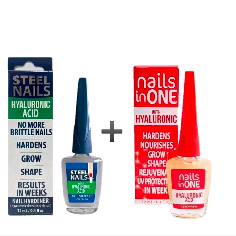 (Duo Pack) Steel Nails & Nails In One Nail Treatment 12ml Each with Hyaluronic Acid Keratin & Calcium for Strength Hydration & Protection Uñas de Acero