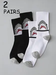 Women's Shark Mouth Printed Colorblock Mid-Calf Socks, Comfortable & Stylish Design, Perfect for Daily Wear, Ideal Gift Choice
