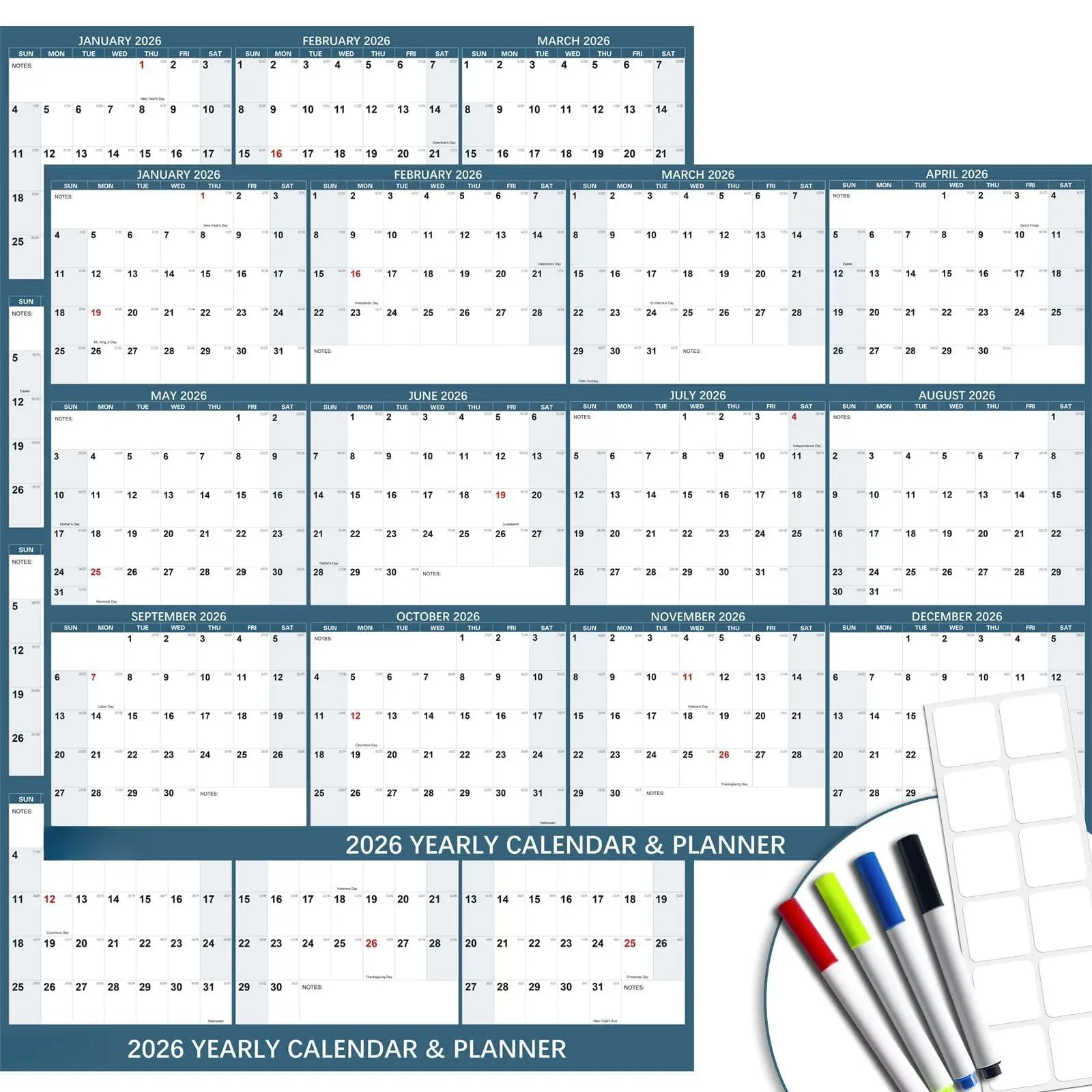32" X 48" 2026 Wall Calendar  Large Rolled Wet & Dry Erase 12 Month Yearly Laminated Reversible Annual Planner Horizontal/vertical With Julian Dates