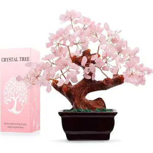 Feng Shui Natural Rose Pink Quartz Crystal Money Tree, Healing Crystal Trees Bonsai Style Decoration for Wealth and Luck for Home Decor, Gifts for Women