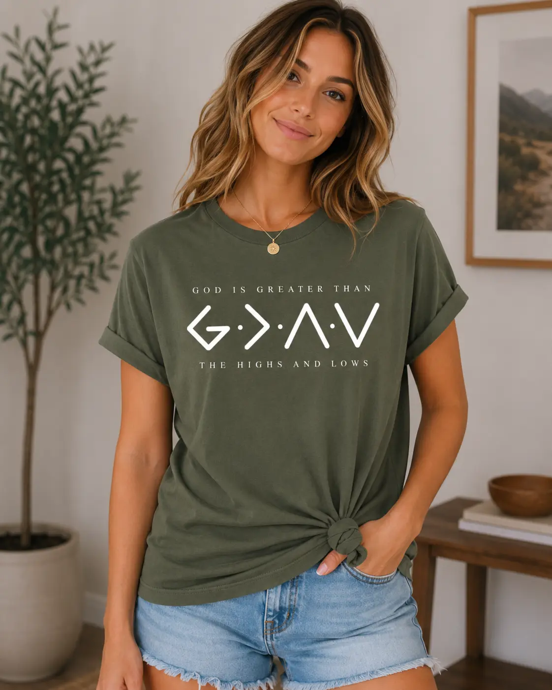Women's Short-Sleeve Cotton Casual Printed Tee - God Is Greater Than The Highs And Lows Bible Verse Unisex Religious G>AV Gifts For Christians, Jesus Apparel, Shortsleeve, Fabric