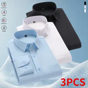 Men’s solid-color elegant business shirts, 3-pack; wrinkle-resistant, comfortable, no ironing needed. Fashionable, casual, high-end, versatile shirt for all seasons, with pockets. Suitable for everyday wear, outdoor commuting, and parties. Comfortable to