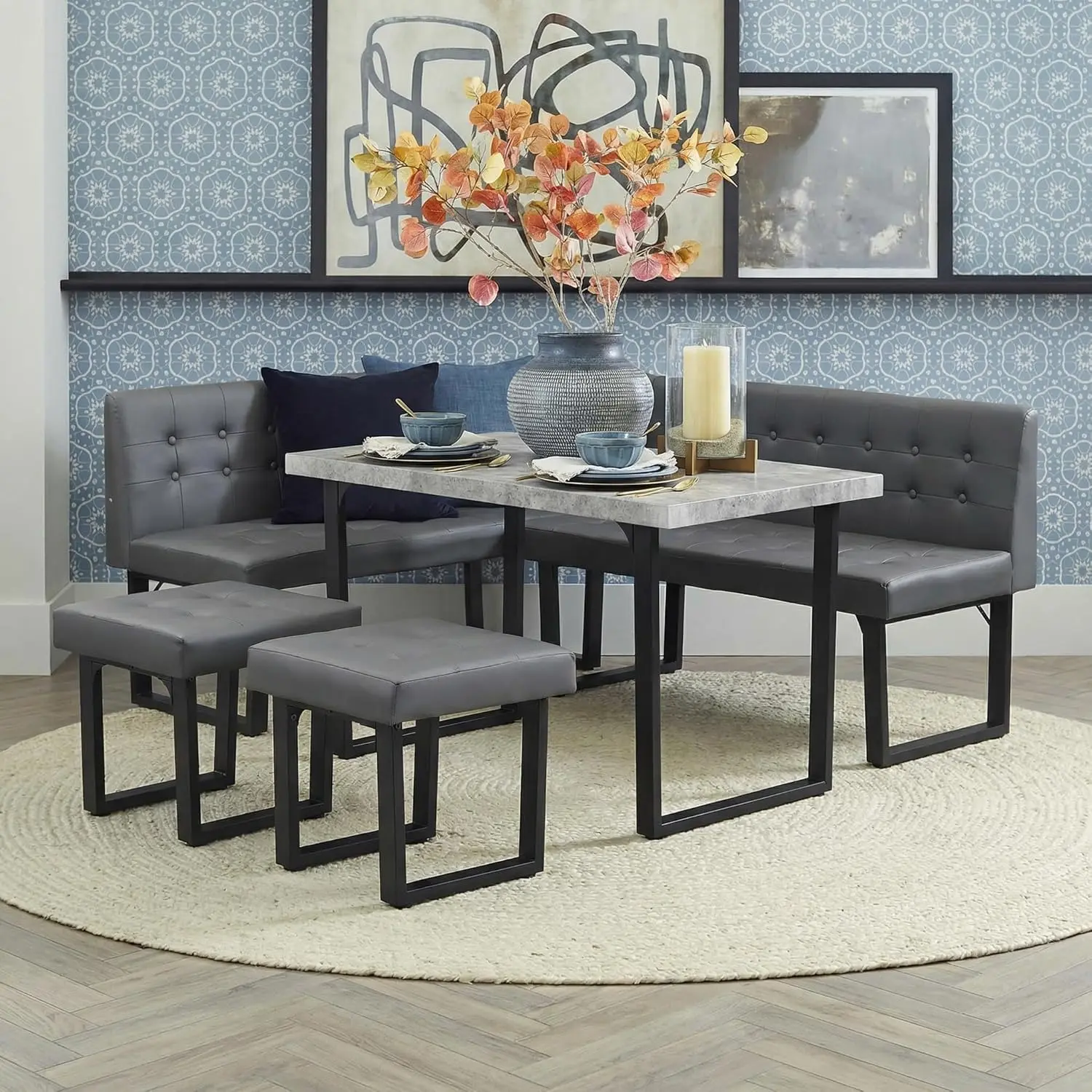 Yechen 72" Corner Breakfast Nook Table Set with Storage Bench, L-Shaped Booth Dining Table Set, Kitchen Corner Bench Seating for 6, Space Saving Dining Furniture
