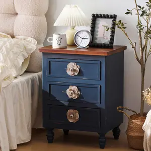 Vintage Farmhouse End Table with Floral Knobs – 19" Rustic Nightstand with 3 Drawers & Gourd Legs,Bedside or Sofa Accent Table, Almost Fully Assembled, Blue