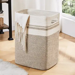 Laundry Hamper, Tall Cotton Storage Basket with Handles, Decorative Blanket Basket for Living room, Collapsible Large Basket for Toys, Pillows, Clothes, 16x13x22in Yellow variegated