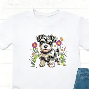 Miniature Schnauzer Puppy with Flowers Graphic T-Shirt, Cute Dog Lover Cotton Tee