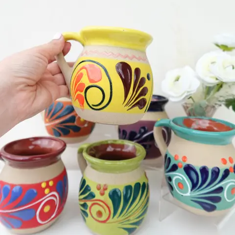 JARRITOS Handmade Mexican Clay Mug 4x4" Tall 12 oz Unique Handcrafted Taza Mexicana Arcilla with Sandy Outer Coat and Varnished Inside Food Grade Hand Wash Only