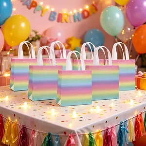 12pcs/24pcs Rainbow Gradient Party Gift Bags with Handles, Holographic Unicorn Theme, Medium Size, Perfect for Birthday & Wedding Parties