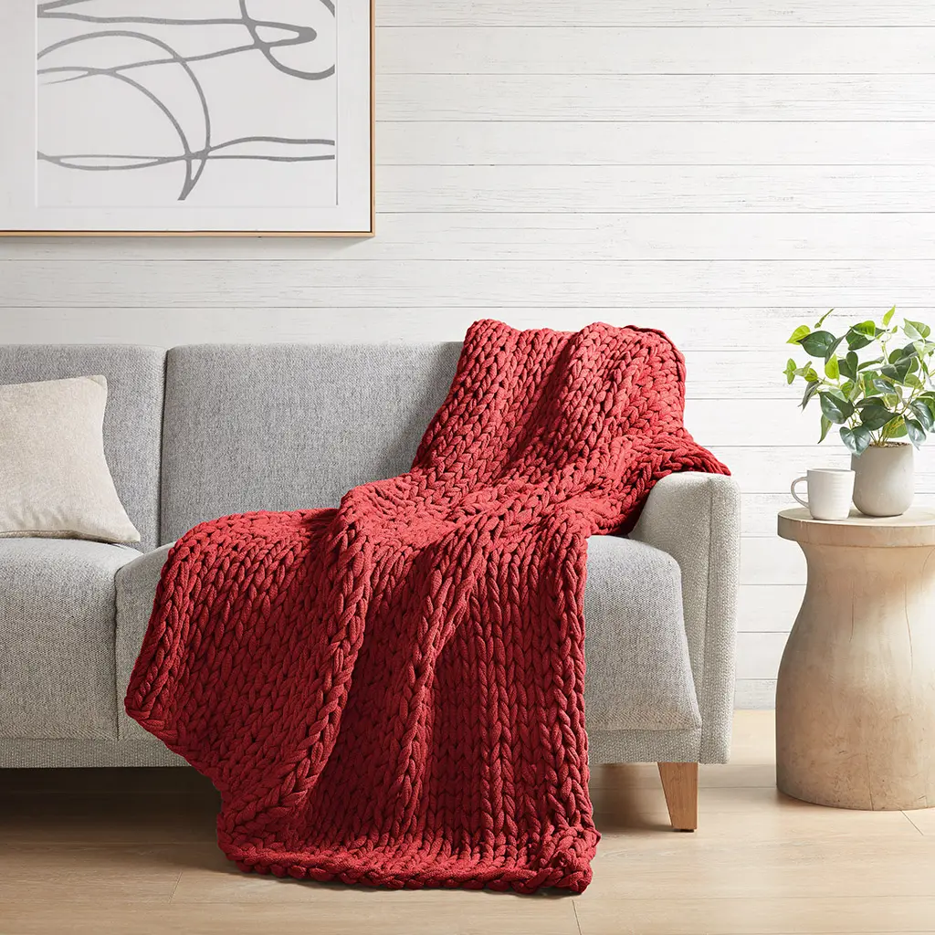 360 Stand Chunky Knit Acrylic Fiber Throw Blanket - 50x60x0.25in Handmade Double Knit Interlocked Yarn, Soft Breathable Soft Warm Red Blanket for Couch Use, Soft Breathable Blanket, Soft Warm Throw