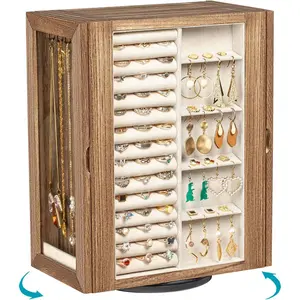 360? Rotating  Box for Women, Rustic Wooden  Organizer Box with 5 Drawers, Glass Doors, Vertical Open Design  Storage Case Display for Earrings Rings Necklaces Bracelets