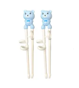 Pack of Bear Shaped Reusable Training Chopsticks for Beginners, Chopstick Learning Helper Utensils with Thumb Ring and Nonslip Silicone Rings - Blue