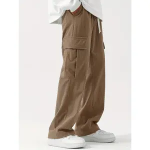 Big & Tall Men's Corduroy Cargo Pants - Casual, Straight-Leg, Multi-Pocket Design in Light Gray, Plus Size Oversized Baggy Loose for Fall/Winter Menswear Trouser Khaki