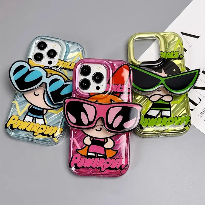 Cartoon Powerpuff Girls Sunglasses Holder Casing - Soft Silicone Smartphone Protective Cover for iPhone 16 Plus,17,15,14,13,12,11 Pro Max,X,XR,XS,6,6S,7,8 Plus,SE 2020 - Mobile Phone Accessories