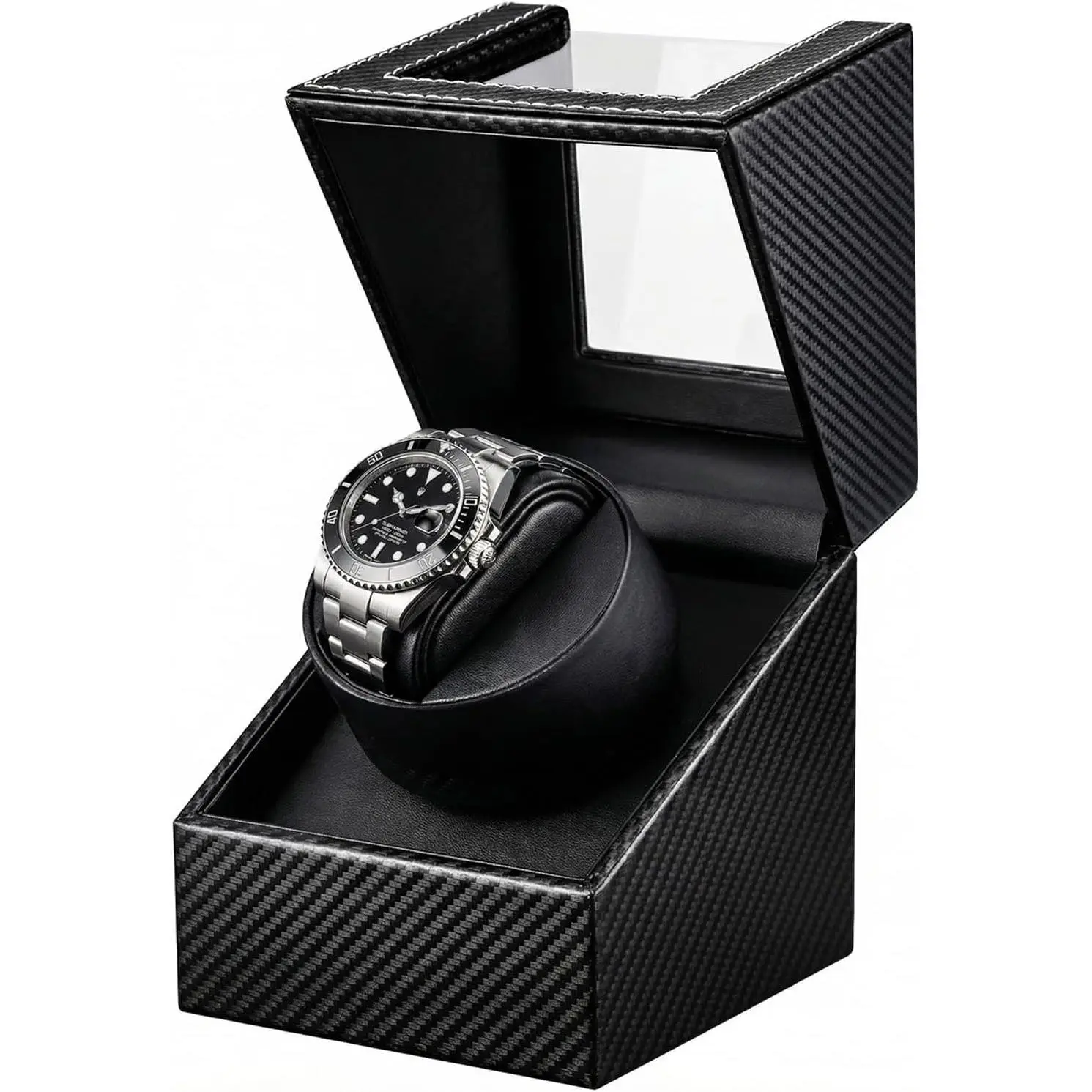 Watch Winder for Automatic Watches: Single Watch Winder Box with Quiet   - Rotating Watch Case in Black Carbon Fiber Leather Storage Display Box for Men
