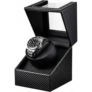 Watch Winder for Automatic Watches: Single Watch Winder Box with Quiet   - Rotating Watch Case in Black Carbon Fiber Leather Storage Display Box for Men