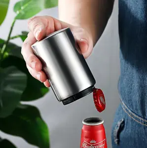 Premium Beer Bottle Opener (Silver), 1 PC Stainless Steel Automatic Push Down No Damage Quick to Open Small Portable Bottle Cap Openers for Home Bars Picnic Camping Hiking
