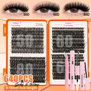 640pcs False Eyelash Set, Mixed Lengths 8-16mm, Includes Lashes, Glue, Tweezers, Remover, DIY Eyelash Extension Kit, Versatile Use
