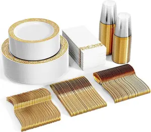 25/50set(175/350pc) Disposable Plates and Tableware Set Gold/Silver/Black/White/Rose  : Dinner Plates,Dessert Plates,Cups,Napkins,Knife,Forks,Fpoons-Perfect for Luxury Party Reusable | BPA Free Dinnerware Service Set Porcelain Dinnerware Set