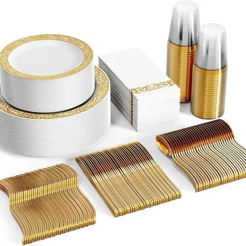 350pc/175pc Plates Disposable and Tableware Set Gold/Silver/Rose : Dinner Plates,Dessert Plates,Cups,Napkins,Knife,Forks,Spoons-Perfect for Luxury Party Reusable | BPA Free Service Set Porcelain Dinnerware Set, party tableware,halloween gift chrismas
