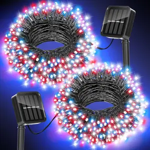 Red White and Blue Lights Solar String Lights Outdoor Waterproof for 4th of July Decorations and Memorial Day Decorations, Total 200LED 66FT for Garden Yard Pathway Fence, 8 Modes 100LED x 2 Packs