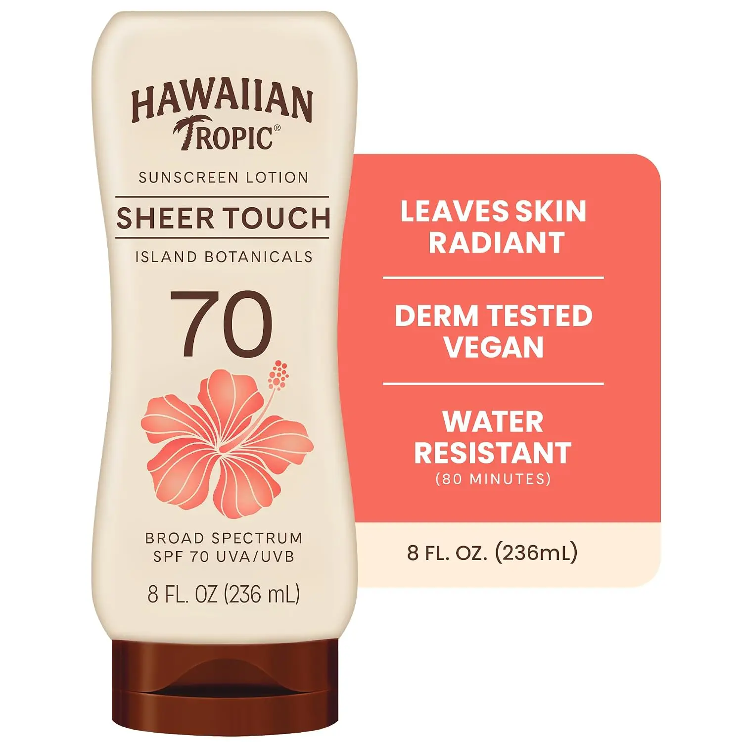 Hawaiian Tropic Sheer Touch SPF 70 Sunscreen Lotion, 8 Fl Oz | Radiant finish, Oil-free body sunscreen, Water resistant sunblock, UVA/UVB broad spectrum protection, Island tropical scent
