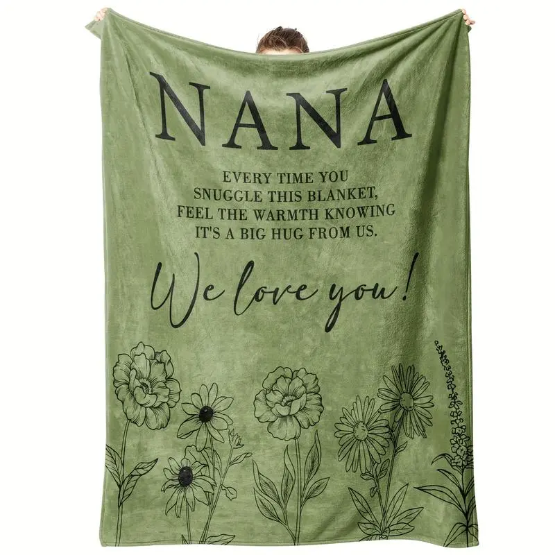 1PC Soft Flannel Hug-Themed Throw Blanket - Contemporary Look Digital Floral Print Polyester, 280GSM, All-Season Use, Machine-Washable, Multipurpose Gift for Grandmothers from Grandchildren