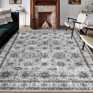 GARVEE 4x6ft Vintage Area Rug in Gray Tone - Washable, Stain Resistant, Traditional Distressed Style with Retro Floral Print, Foldable Thin Accent Rug, Non-Slip for Living Room, Dining Room, Office