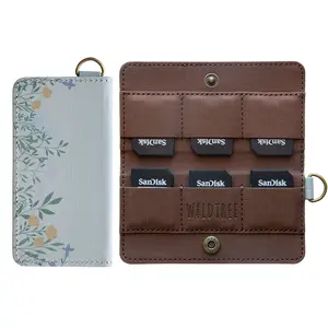 Flower Field SD Card Holder with 6-Slots | PU Leather, Camera Accessory, Travel Case w/ D-Ring, Floral design
