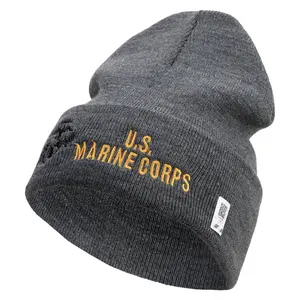 US Marine Corps Logo Embroidered 12 Inch Solid Knit Cuff Long Beanie Made in USA