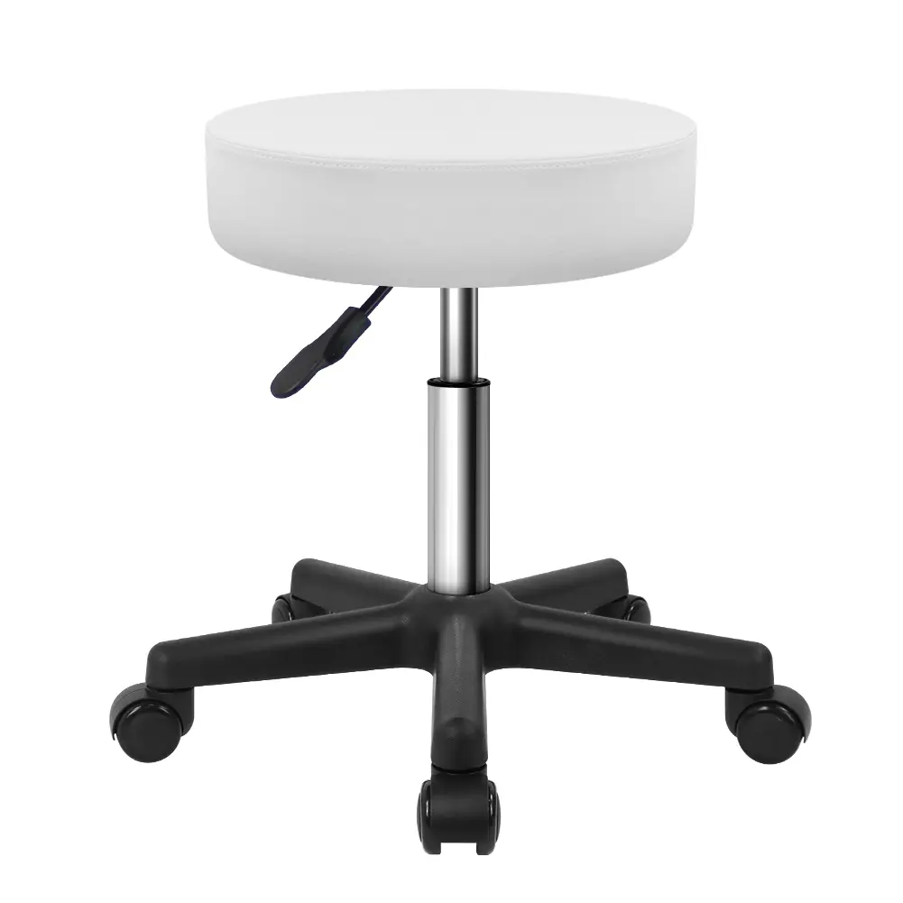 KKTONER Minimal Design Modern PU Leather Round Rolling Stool - Height-Adjustable Swivel Chair with Wheels, Home Office Drafting Furniture (White)