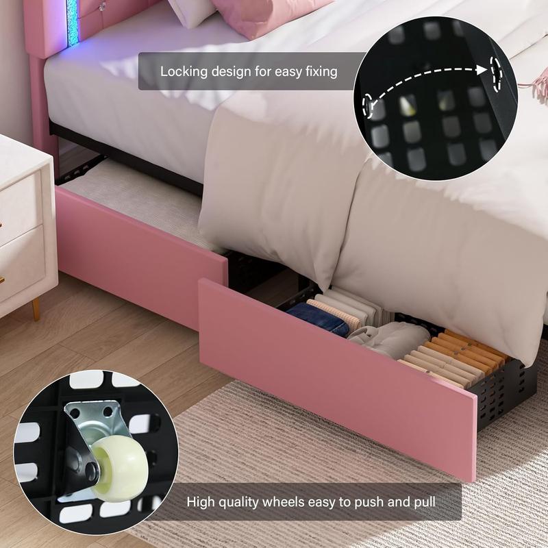 HOMBCK Bed Frame with Lights and Drawers,  No Mattress,  Diamond Headboard, Faux Leather, Modern Style, No Box Spring Needed, Easy Assembly