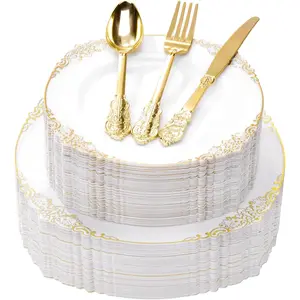 250 PCS Vintage White & Gold Rim Plastic Plates with Cutlery Set - Serves 50, Heavy-Duty Elegant Disposable Tableware for Formal Weddings, Upscale Catering