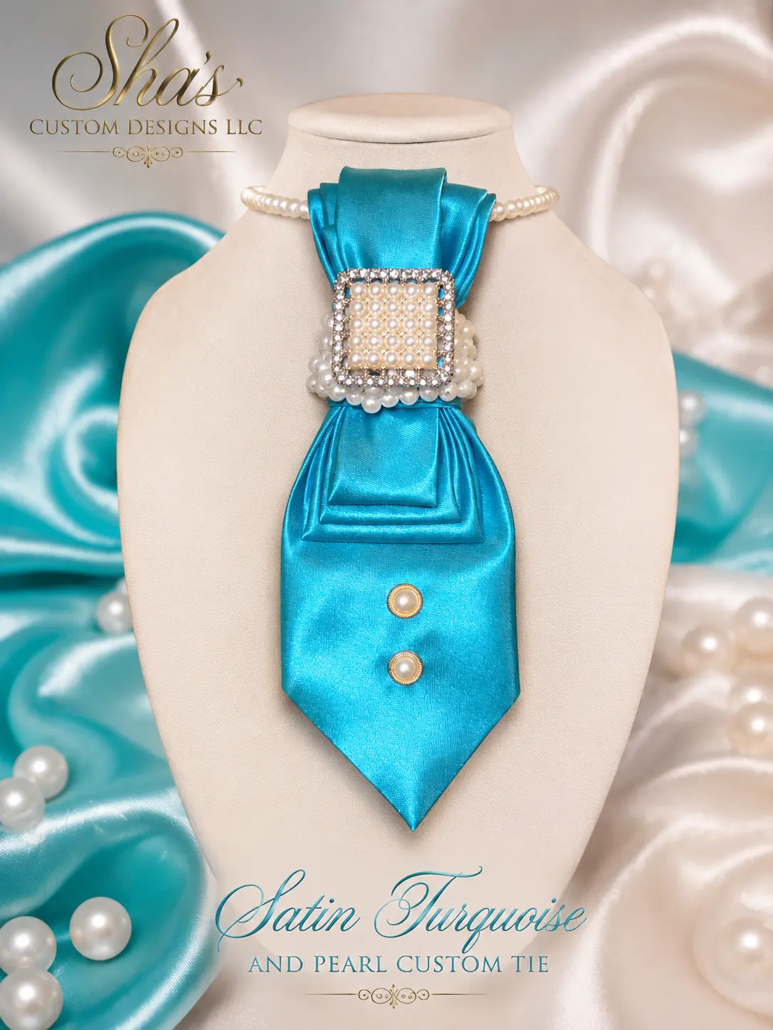 Satin Turquoise & Pearl Custom Tie