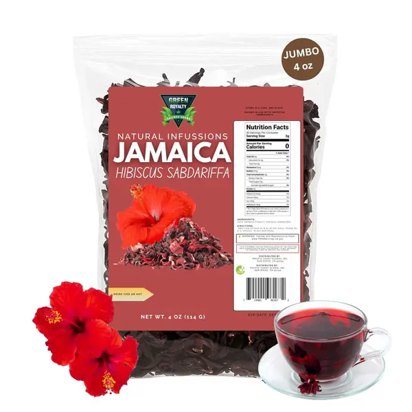 Green Royalty Edible Jamaica Hibiscus Herbal Infusion - 4 oz 100% Natural Dried Flowers - Health-Focused, Non-GMO, Sugar-Free Dietary Option for All Ages Hot/Iced Tea
