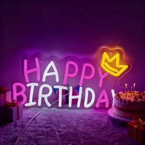 Happy Birthday Crown Neon Sign | USB Powered Dimmable LED Lighting for Wall Decoration, Ideal for Coffee Shops, Cake Shops, Bakeries, Dining Bars, Parties, Bedroom Ambiance