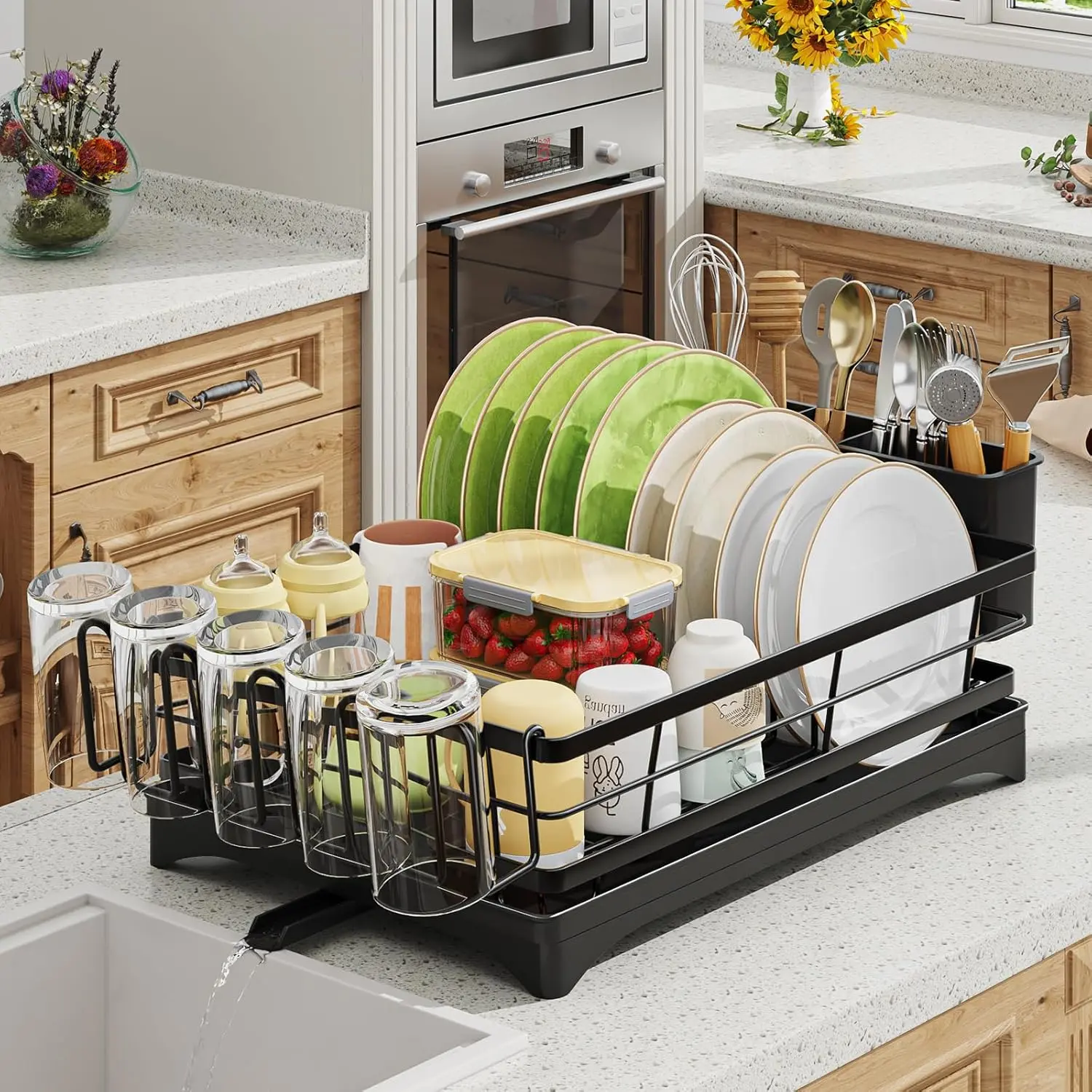 304 Stainless Steel Black Single Layer Countertop Dish Drying Rack - 12x15.7in Adjustable Storage Rack with Cutlery Holder, Drip Tray, Alloy Steel Parts, Antislip Base, Corrosion Resistant Angle-Adjustable Draining Boards, Space-Saving Home Organizer, Dur