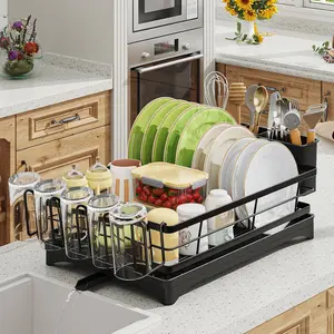 Dish Drying Rack for Kitchen Counter - Large Capacity Dish Drainer with Cutlery Holder & Drip Tray, Space Saving Kitchen Organizer (12x15.7), Black