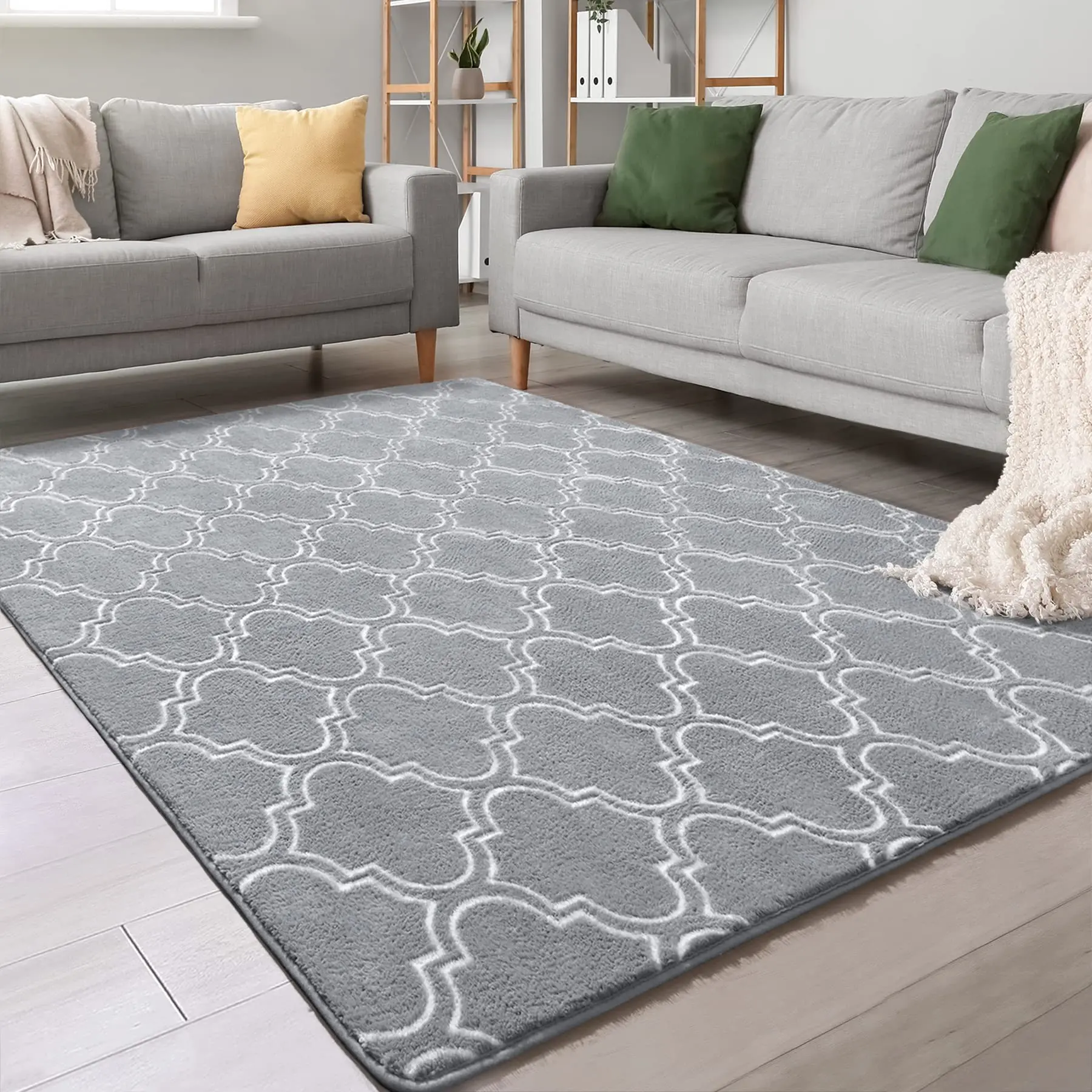 Easy Clean Fluffy Indoor Area Rug, Soft Trellis Moroccan Rugs for Bedroom, Shag Modern Area Rug for Living Room Kids Room Nursery,  Home Decor Low Pile Carpet, Pink,Blue,Black,Red,Grey, 5x7,6x9,7x10 Feet