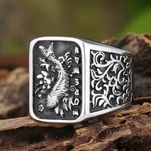GTHIC Retro Koi Square Stainless Steel Lucky Ring Lucky Koi Fish Jewelry for Casual Outfits or Birthday Gifts