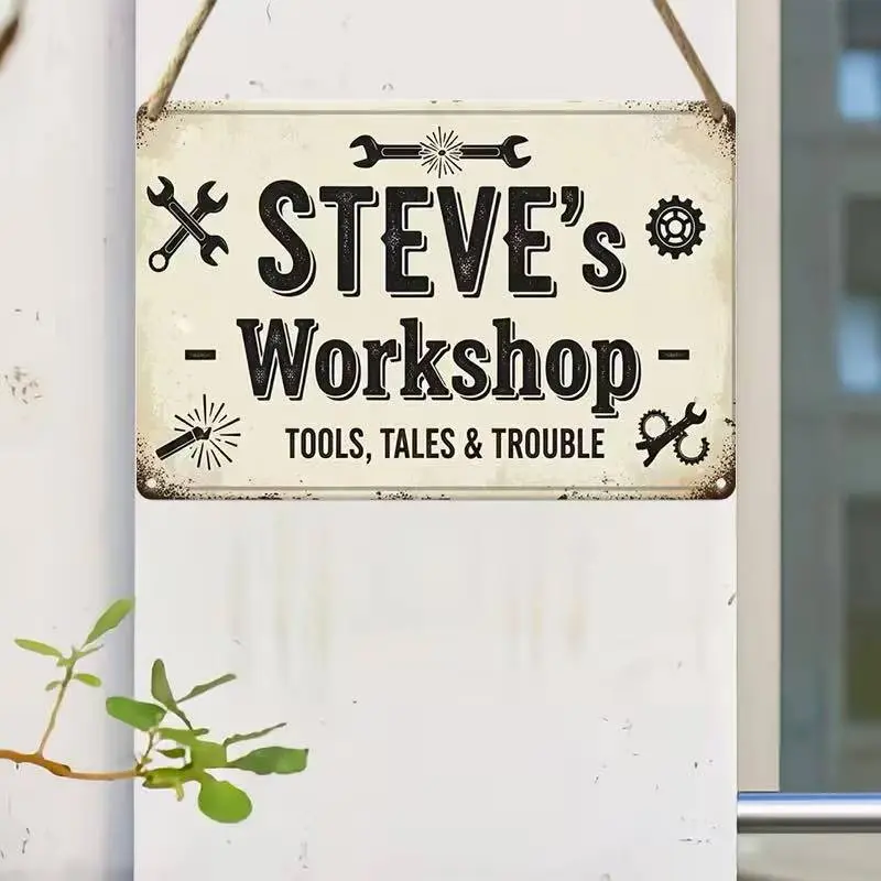 Vintage Industrial Workshop Sign, Steve's Design with Tools and Gears, Wooden Wall Decor for Garage, Man Cave, Farmhouse, Gift