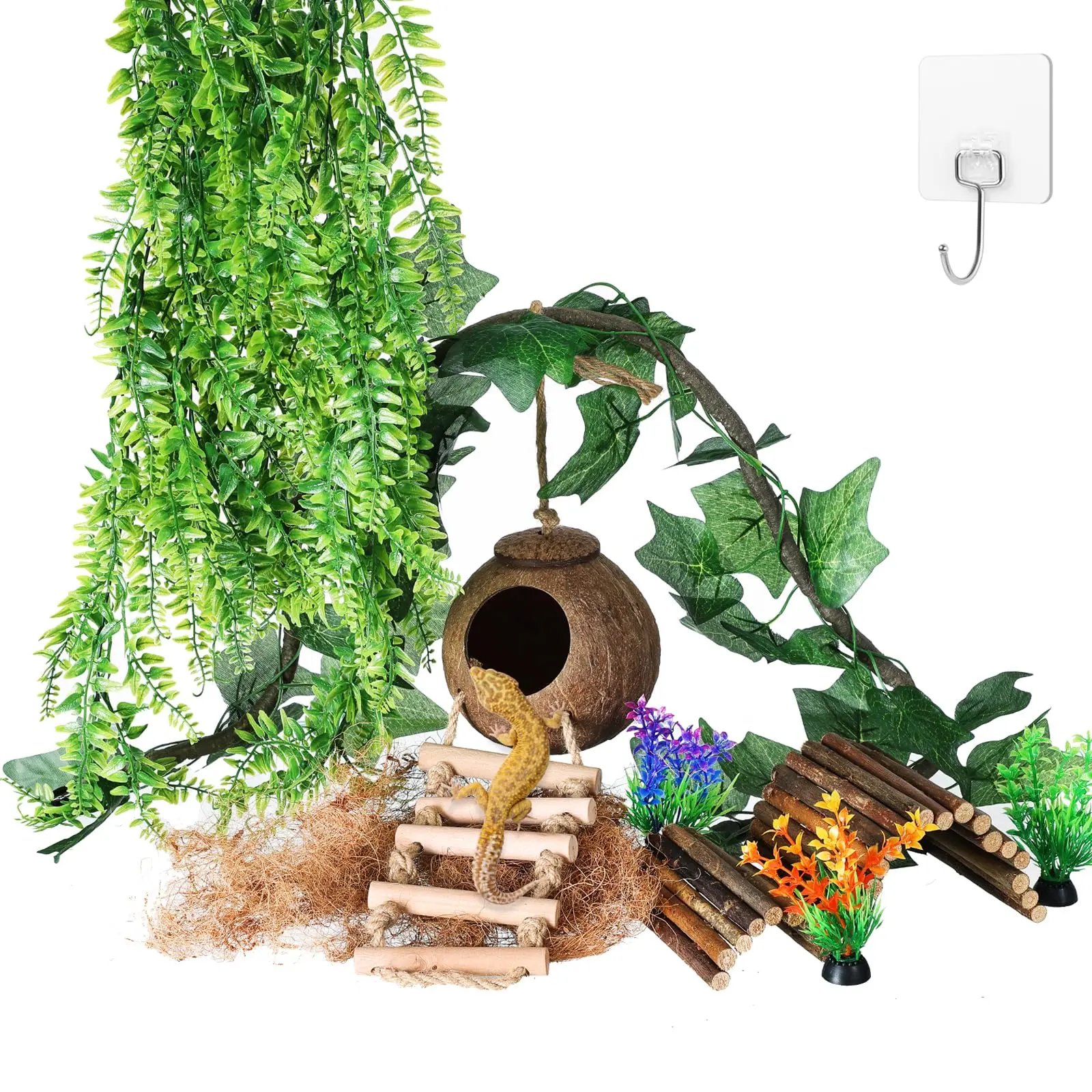 8-Piece Reptile Habitat Decor Kit - Natural Coconut Shell Nest-Building House, Bendable Vines, Climbing Wood Ladder, 3x Stand Plants, Hanging Plants for Gecko, Snake Terrariums (Suitable for Arachnids)