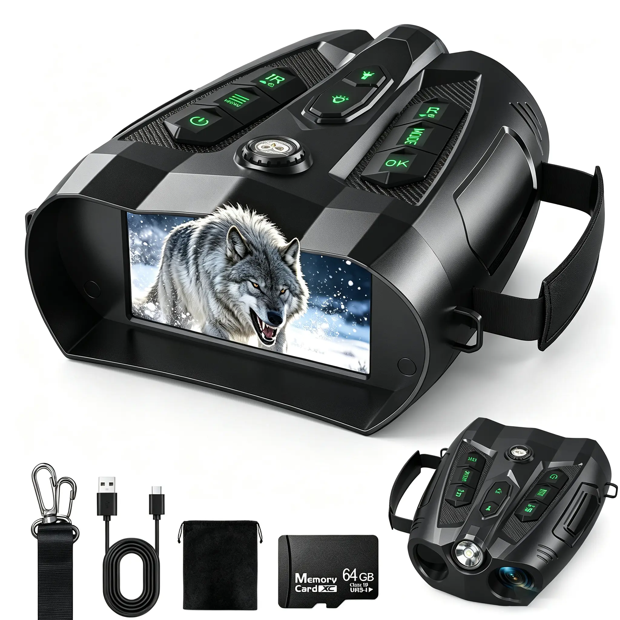 4'' Night Vision Binoculars with 10X Digital Zoom & 7-Level Infrared & 4000mAh Battery, Outdoor Hunting & Wildlife Observation Kit with 64GB Card, USB Cable, and Carry Bag – Birthday Gift for Him