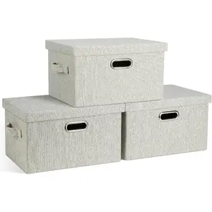 Medium 15 21 Quart Collapsible Stackable Storage Bins with Lids 3 Packs Beige Foldable Fabric Closet Boxes Heavyduty Linen Cube Baskets Container for Bedroom Office 15 x 11 x 8