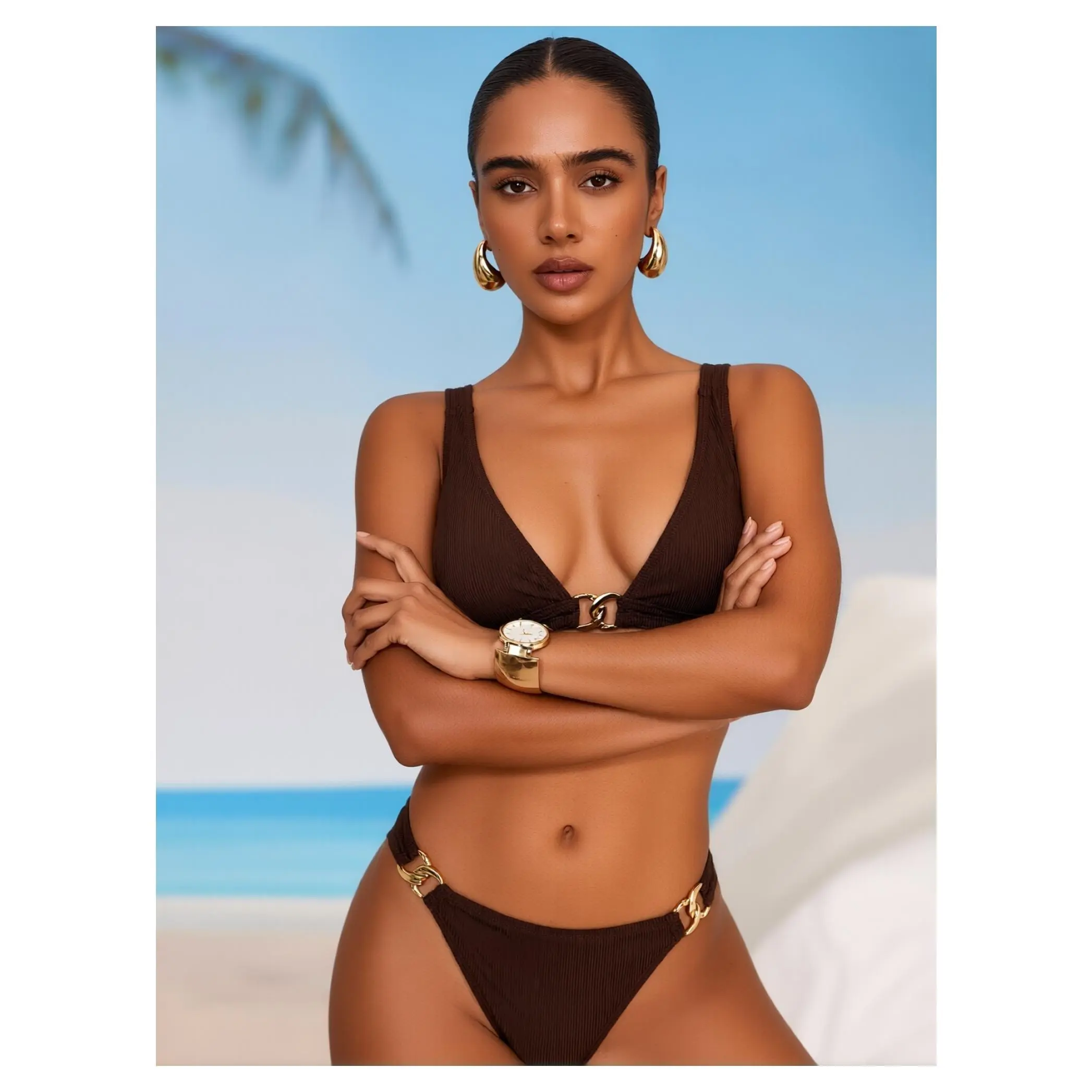 Women's 2-Piece Bathing Suit, Brown Triangle & High-Waisted Bikini with Gold Hardware for Summer Beach Swimwear, Swimsuit Style Bikini, Swimsuits, Stretch, Adjustable Strap, Hand Wash Only, Poolside Events, Two Piece Set