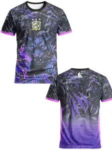 Brazilian football jersey Purple Panther Soccer Jersey Tropical Floral Pattern Breathable Quick Dry Mesh Short Sleeve Streetwear Football Shirt for Brazil Fans Streetwear Enthusiasts Soccer Players & Brazilian Football Supporters