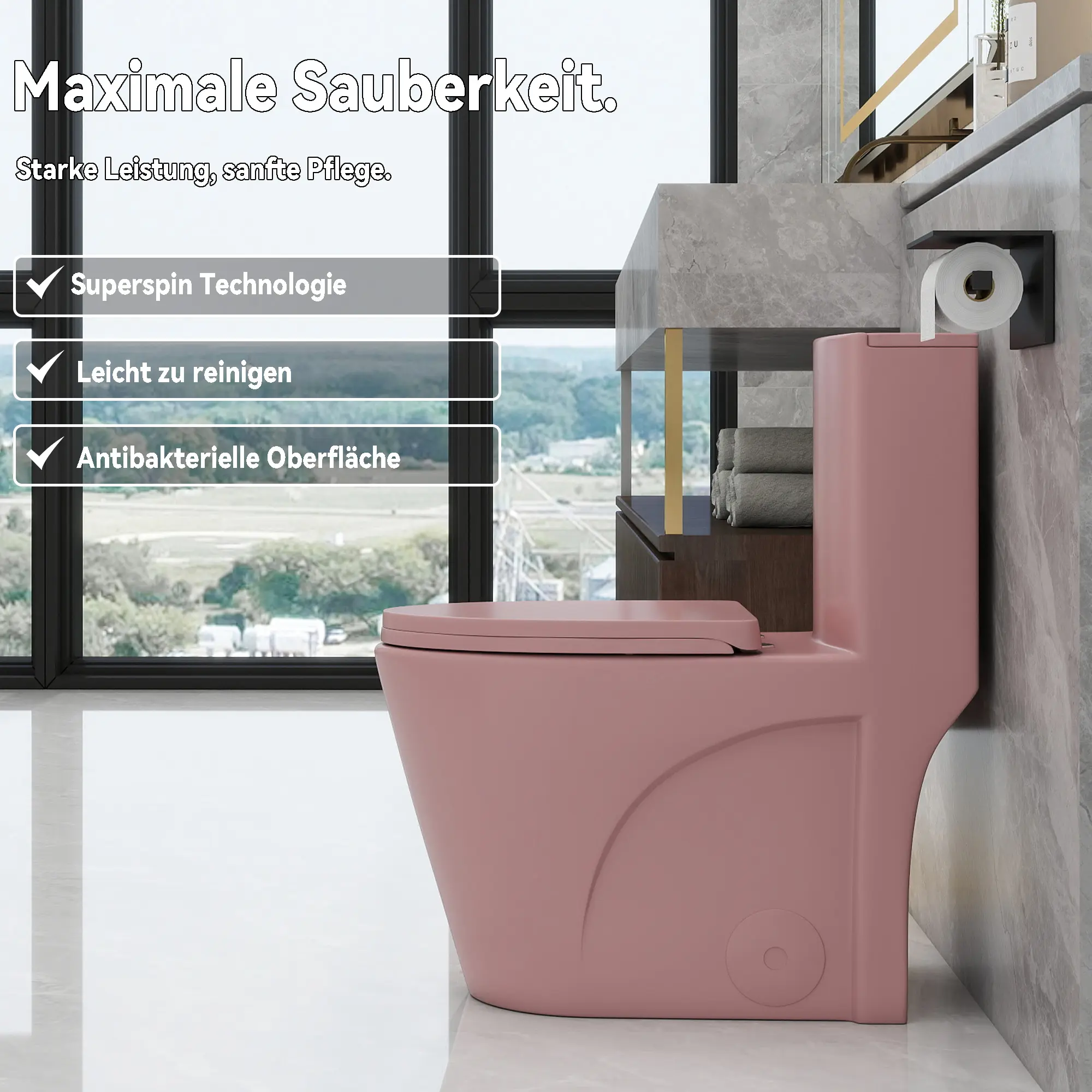 One-Piece Compact Elongated Pink Ceramic Toilet, 17"ADA Comfort Height, WaterSense Dual Flush 1.1/1.6 GPF, Siphonic S-Trap, 12" Rough-In, Quiet Soft-Close Seat